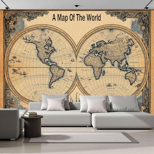 DACRWEKZ Carta da parati in tessuto non tessuto per camera dei ragazzi 200x140cm, Poster retrò Mappa Del Mondo, per camera dei giovani,Ragazzi e ragazze - Carta da parati fotografica, sfondibeige