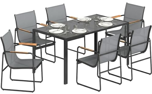 Outsunny Conjunto de Mesa y Sillas Jardín de 7 Piezas, Muebles Jardín Exterior con Mesa de Vidrio Templado, 6 Sillas Transpirables Decorativas, Marco de Acero Resistente a la Intemperie, Gris