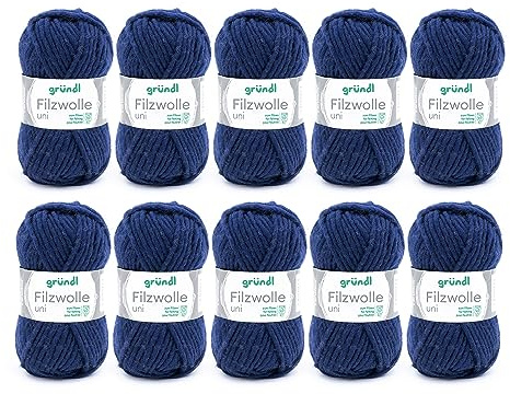 Gründl filtull uni (ull för filning, stickning och virkning, garn tillverkat av 100% ny ull, 50 g/50 m, nåltjocklek: 8 – 9, 10 x 50 g), marinblå, 31 x 32 x 7,5 cm