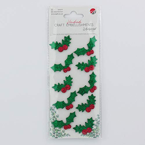 Christmas Craft Embellishments, 10Pcs Glitter Mini Holly Self-Adhesive Stickers, Christmas DIY Craft and Art Projects, Christmas Cards, Gift Party Bags, Kids Adults Scrapbooking Supplies (Mini Holly)