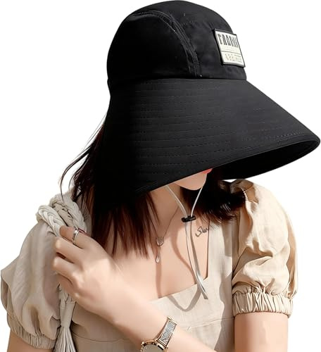 Women Wide Brim Sun Protection Bucket Hat Cotton Packable Full Face Sunshade Cap Black