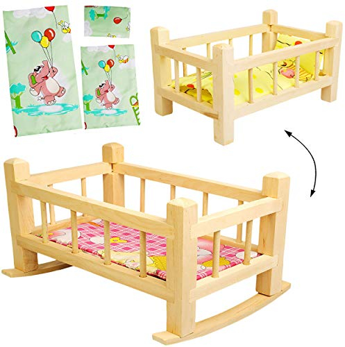 alles-meine.de GmbH UMBAUBAR - großes Holz - Puppenbett & Puppenwiege - 43 cm groß - mit Bettzeug - aus Naturholz - Holzwiege Schaukelbett - für Puppen groß - Bett Holzpuppenwieg..