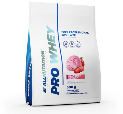 ALLNUTRITION Pro Whey Protein Powder mit Verzweigten Aminosäuren - Molkenprotein-Konzentrat & Molkenprotein-Isolat - Pre-Workout-Pulver - Kalorienarmes Proteinpulver - 500g - Erdbeer-Eiscreme