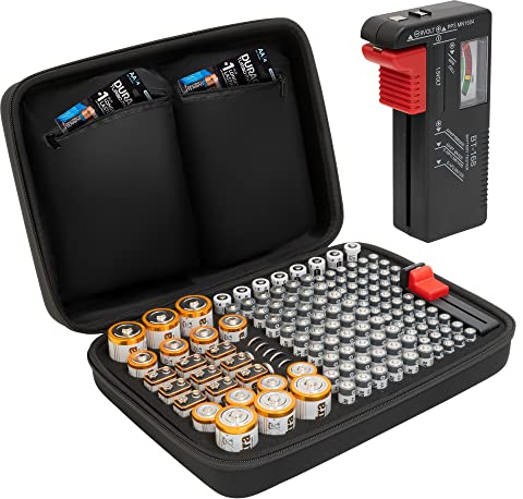 Tanness 140 Battery Case With Tester | Large Capacity Organiser Storage Case Bag for AAA, AA, 9V Flat, C and D Size Batteries (Not Included)