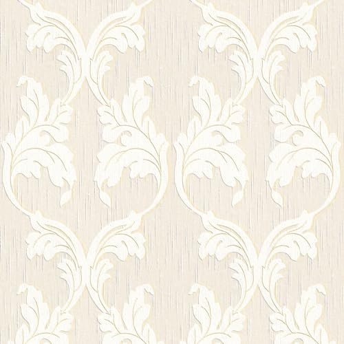 Textiloptik tapet Profhome 956287-GU textiltapet strukturerad i barockstil matt beige kräm guld 5,33 m2