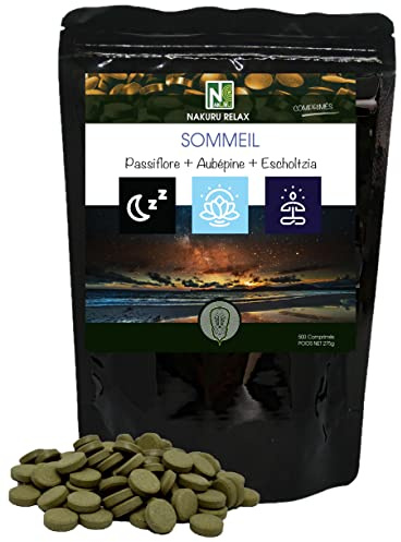NAKURU | Sommeil = Passiflore + Aubépine + Escholtzia | Gamme Relax | Fabriqué en France | (500 Comprimés de 550mg / Poids Net: 275g)