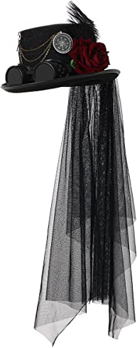 BPURB Chapeau Haut de Forme Steampunk Unisexe Adulte avec Lunettes Gothique Victorien Dentelle Voile Plume Chapeau Haut de Forme (58cm/22.83 inches, Noir)