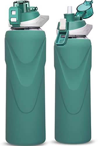 DEARRAY 1l / 1 litre Sports Glass Water Bottle with Straw & Silicone Sleeve Large Reusable BPA-free Glass Drinking Bottle with Flip Top Lid for Gym, Travel, Hiking