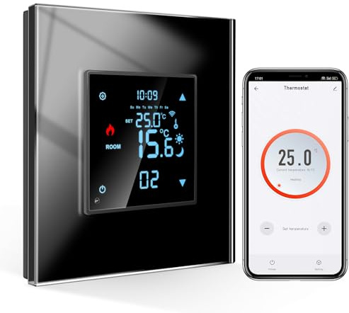 CNBINGO Smart termostat, infälld med kristallglasskiva, WLAN, digital rumstermostat, kompatibel med Alexa Echo, Google Assistant, 16 ampere, svart
