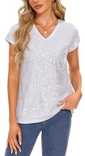 MINTLIMIT Damer paljetter glitter toppar topp kortärmad v-ringad t-shirt blus mössa ärmar fritid fest festival klubb