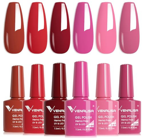 VENALISA Gel Nail Polish Set 6 Colors Red Hot Pink Gel Polish Series Soak Off 7.5ml UV Classic Nail Art Manicure for Holidays
