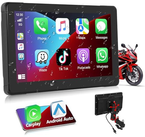 Podofo Autoradio Portable pour Moto avec Wireless Carplay Android Auto 7 Pouces Écran Tactile Carplay Autoradio avec Bluetooth,Navigation GPS,Transmetteur FM,TF Carte,USB,EQ pour Moto