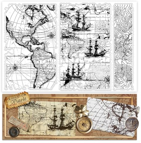 PH PandaHall Sello transparente de mapa, sello de silicona con mapa global vintage, sello transparente para barcos de vela, sello artesanal transparente para diarios, scrapbooking, 21 x 14,8 cm