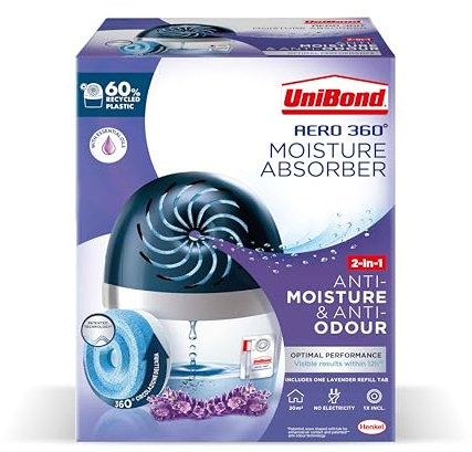 UniBond AERO 360º Lavender Moisture Absorber, 1 Device incl. 1 Lavender Refill Tab 450g, Ultra-Absorbent Dehumidifier, Helps Prevent Condensation, Recyclable and Refillable