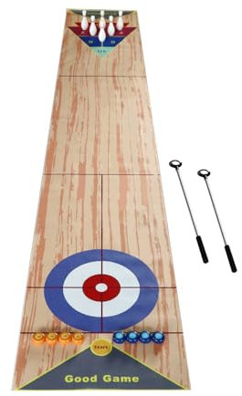 3-in-1 Eisstockspiel Tragbares Indoor-Spiel für 1 bis 8 Spieler mit Schiebepad 3.6 x 0.57m und Schiebestock 67cm für Familie und Freunde Tischcurling Bowling Set