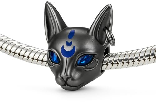 Charm Chat Égyptien en Argent 925 – Compatible avec Bracelets Européens – Détails Émaillés et Zirconium – Bijou Symbolique Inspiré de l’Égypte Antique