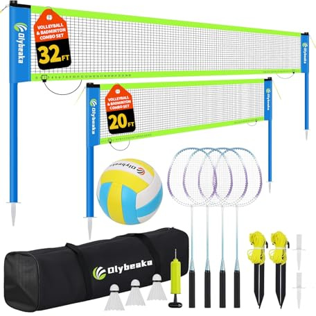 Outdoor Volleyball & Badminton Combo Net Set for Backyard, Beach with 2 Nets, Adjustable Poles, 4 Aluminum Rackets, PU Volleyball, Portable Carry Bag (Blue)