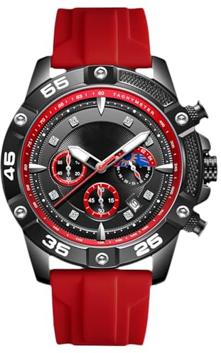 RORIOS Orologio da Polso Elegante da Uomo Orologi Casual Sportivi Orologio Analogico Quarzo Orologio Multifunzionale Cronografo con Cinturino in Silicone Rosso