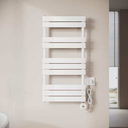 SONNI Scaldasalviette elettrico da bagno, 1000 x 500 mm, bianco, con barra riscaldante WiFi, 600 Watt, piatto, scaldasalviette elettrico, con elemento riscaldante intelligente per radiatori da bagno
