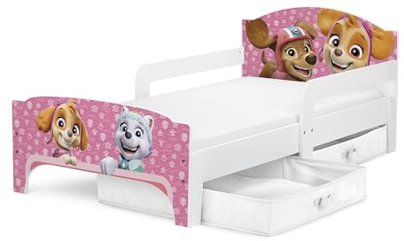 Leomark Cama infantil con colchón y somier de láminas de madera de la Patrulla Canina, 140 x 70 cm, color gris con dibujos animados, perfecta para la habitación de los niños, diseño de la Patrulla