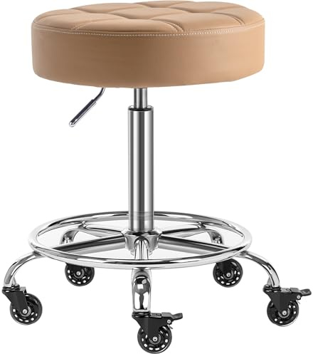 CoVibrant Lockable Rolling Stool with Noiseless Rubber Wheels & Footrest - Adjustable Swivel Stool Chair for Kitchen, Medical, Workshop, Salon, Tattoo, Office (Camel, 20-27)