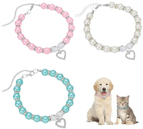 FINGERINSPIRE 3 stycken husdjurshalsband av syntetisk harts med konstgjorda pärlor och hjärthängen av järn strass 23,7 cm längd och 65 mm förlängd kedja vit rosa blå 3 färger pärlhalsband för katter