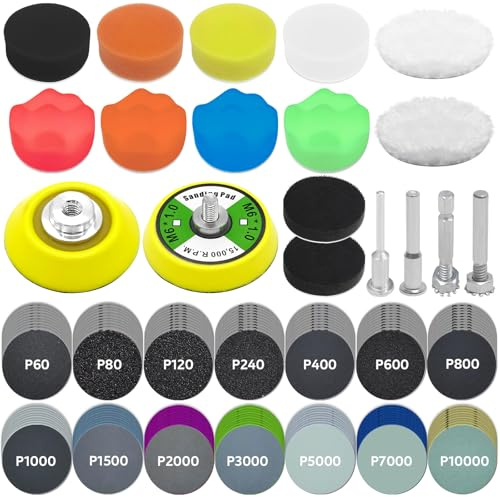 Seconero 158 Pcs 50mm Car Sanding Kit, Wet Dry Hook and Loop Sanding Discs 60-10000 Grit Sandpaper for Drill Sanding Attachment, Headlight Polishing Kit, Backing Pads Polishing Kit for Wood Metal