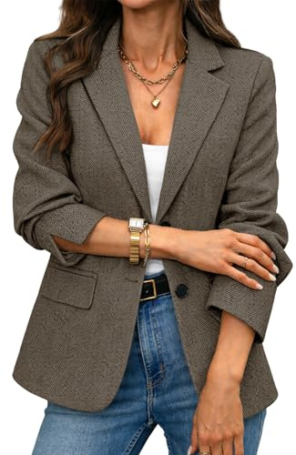 ELLEVEN Womens Business Casual Herringbone Tweed Blazers 2 Button Jackets Slim Fit Lightweight Long Sleeve Suit Work Office Blazer with Pockets Dressy Trendy Outfits Fall Winter Brown Small