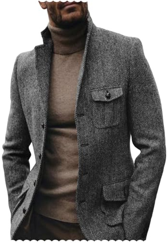 YINGBOFU Men's Herringbone Tweed Blazer Wool Blend Sport Coat Wedding Grey
