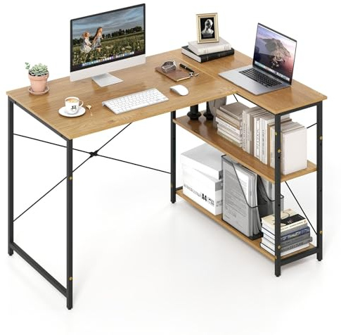 LIFEZEAL Escritorio en Forma de L, Mesa de Ordenador Reversible con 3 Estantes y Patas Ajustables, Mesa de Oficina con Estructura de Metal