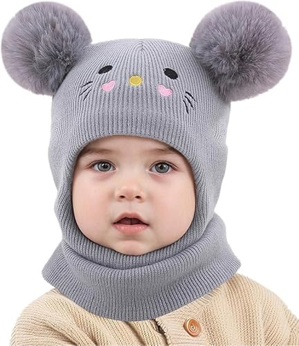 AYPOW Baby barn vintermössa balaclava för 0,5–6 år, multifunktionell termisk vindtät stickad mössa, sjalhatt för flickor pojkar småbarn, slip-mössa huva, mössa för utomhusaktiviteter, Grå katter, one