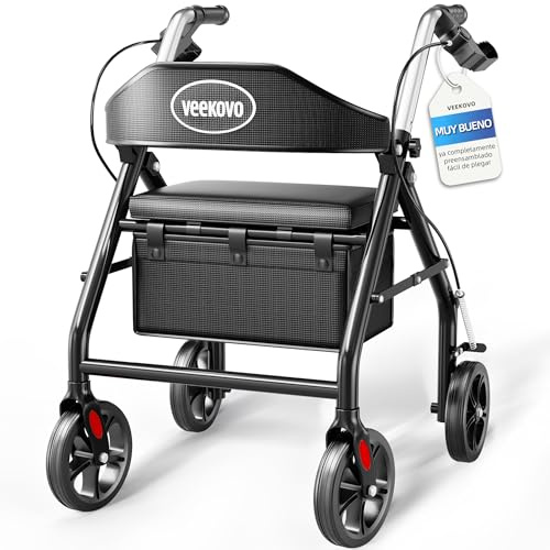 Andador plegable y ligero con asiento, Caminador de ruedas con frenos, Bolso, Ayuda para caminar plegable, Ruedas de goma grandes de 20 cm para todo el terreno. (DW4)