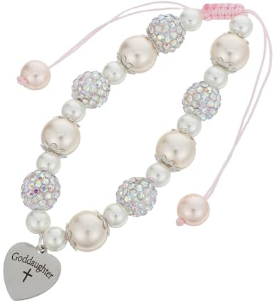 Generic Baptism Cross Heart Charm Bracelet For Goddaughter Adjustable Beaded Wrist Chain With Religious Keepsake Gift For Christening And Birthday Celebrations