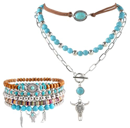 Thrynexon Western Faux Turquoise Jewellery Set for Women Boho Layered Bull Skull Necklace and Stackable Beaded Charm Bracelet Cowgirl Accessories for Country Music Festival Summer Holiday