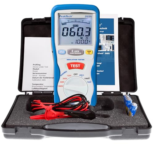 PeakTech 2695 – Probador de aislamiento, calibrado, probador de continuidad, voltímetro, circuitos, fusibles, mínimo/máximo, retención de datos, TUV/GS - 125V, 250V, 500V, 1000V