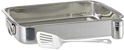 Relaxdays Edelstahl-Bräter-Set mit Pfannenwender und Käsegießkanne, silber, 7 x 38 x 27 cm