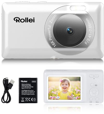 Rollei Compactline Pocket Digitalkamera Weiß, 50MP 2.7K Fotoapparat mit 16-Facher Digital Zoom Tragbare Fotokamera mit 2.4 Display Leichte Kompaktkamera für Kinder Teenager Student Anfänger