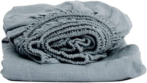 My Linen Home Lenzuolo con Angoli in Lino Lavato (100% Stonewashed) in Blu grigio, 160x200x20 cm I Orlo Elastico Continuo I Ipoallergenico, Termoregolazione e Traspirabilità, Delicato e Morbido