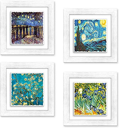 Lupia - Set di 4 Quadri su Ceramica Van Gogh, Stampa a Rilievo Colori Vividi, Cornice Shabby Bianca in Legno, Decorazione Creativa per Casa e Ufficio, 18x18 cm o 29x29 cm, Made in Italy 18x18 cm