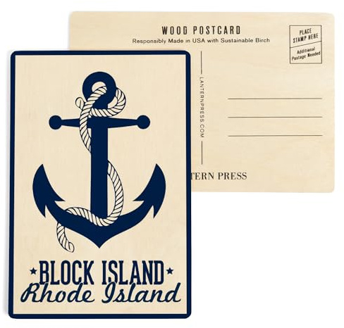 Block Island, Rhode Island, Navy Anchor Design (4x6 Birch Wood Postcards, 2-Pack Stationary, Rustic Home Wall Decor)