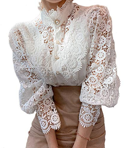 Women’s Elegant Lace Trim Shirts Casual Victorian Blouse Long Sleeve Button Down Tops, White, M