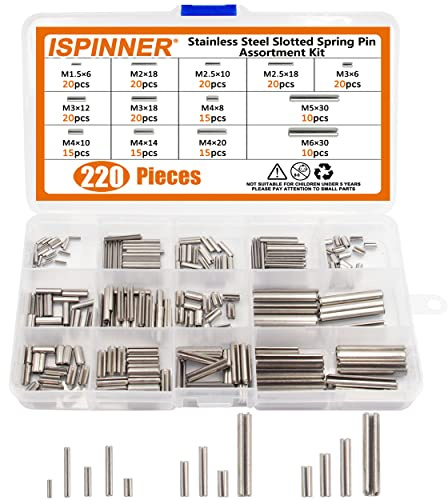 ISPINNER 220pcs Roll Pin Set, Stainless Steel Slotted Spring Pin Assortment Kit M1.5 M2 M2.5 M3 M4 M5 M6
