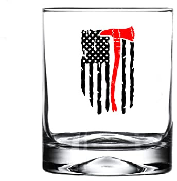 Rogue River Tactical Tattered Waving Firefighter Thin Red Line Flag Ax Axe Old Fashioned Whiskey Glass Drinking Cup Gift For Fire Fighter Department FD