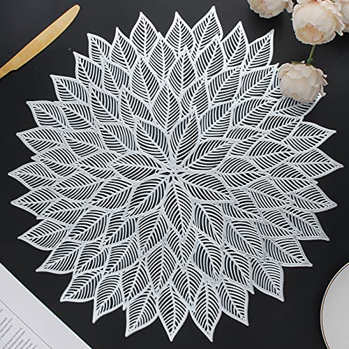 Placemats Set of 4, Round Hollow Out Flowers Place Mats for Dining Table Pressed Vinyl Blooming Leaf Table Mats for Holiday Party Wedding Accent Centerpiece Dinner Table Decoration (Silver)