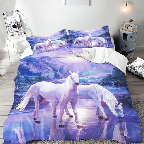 SMchwbc Pferde Bettwäsche 135x200 Pferd Mädchen Kinder Pferdebettwäsche Pferde Bettbezug Set Weiche Mikrofaser Pferde Bettwäsche Set Mit Reißverschluss Und 2 Kissenbezügen (140 x 210 cm,4)