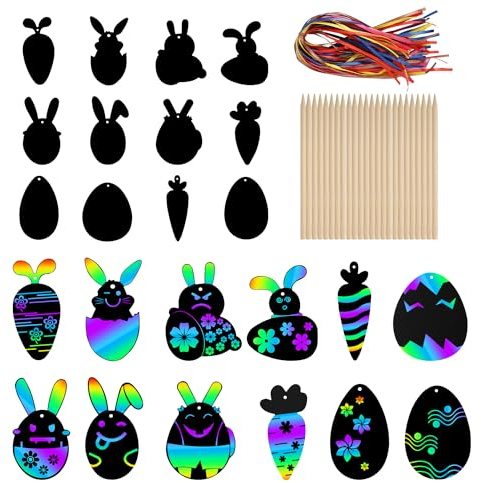 lasuroa 48uds Kit de Arte de Papel para Rascar de Pascua, Papel Negro para Rascar con Palos de Madera y Cintas Rascador de Arco Iris Kit de Manualidades de Pascua para Niños Adolescentes Fiesta Favor