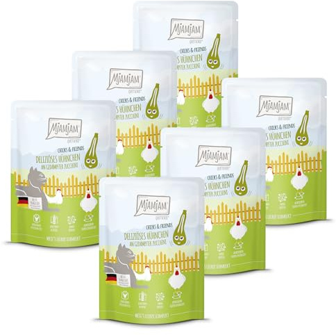 MjAMjAM - Premium Nourriture Humide pour Chats - Quetschie - Chicks & Friends Poulet aux courgettes cuites à la Vapeur, Paquet de 6 (6 x 300g), sans céréales