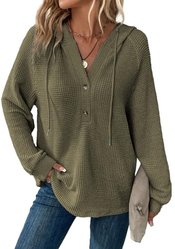 Dokotoo Womens Oversized Hoodies Sweatshirt Waffle Knit Drawstring Button V Neck Long Sleeve Christmas Sweaters for Women Casual Sweatshirts Hoodie Holiday Outfit Women Clothes 2025 Green Large
