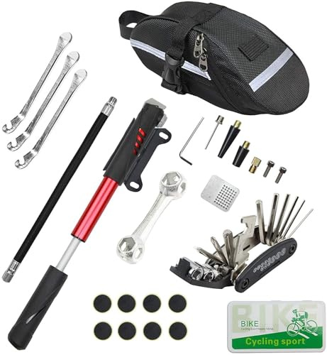 BRAVECOW Bike Repair Kit Bike Pump Tire Puncture Repair Tool 16-in-1 Glueless Patch Kit Portable Conversion Valve Pump Bicycle Balls Cycling Accessories Multi Universal