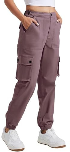 Pioneer Camp Pantalones cargo largos para mujer, pantalones de senderismo para mujer, resistentes, cintura ajustable, pantalones de chándal para exteriores con 6 bolsillos, rojo oscuro, L